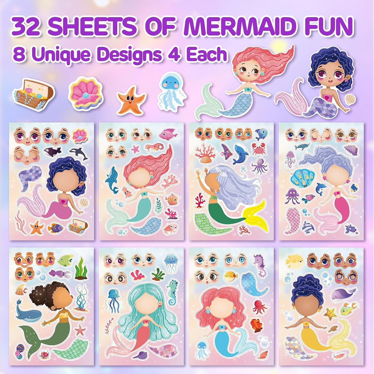 30 Unicorn Make-a-Face Sticker Sheets for Kids – Fun for Kids & Family - Mermaid - image 2