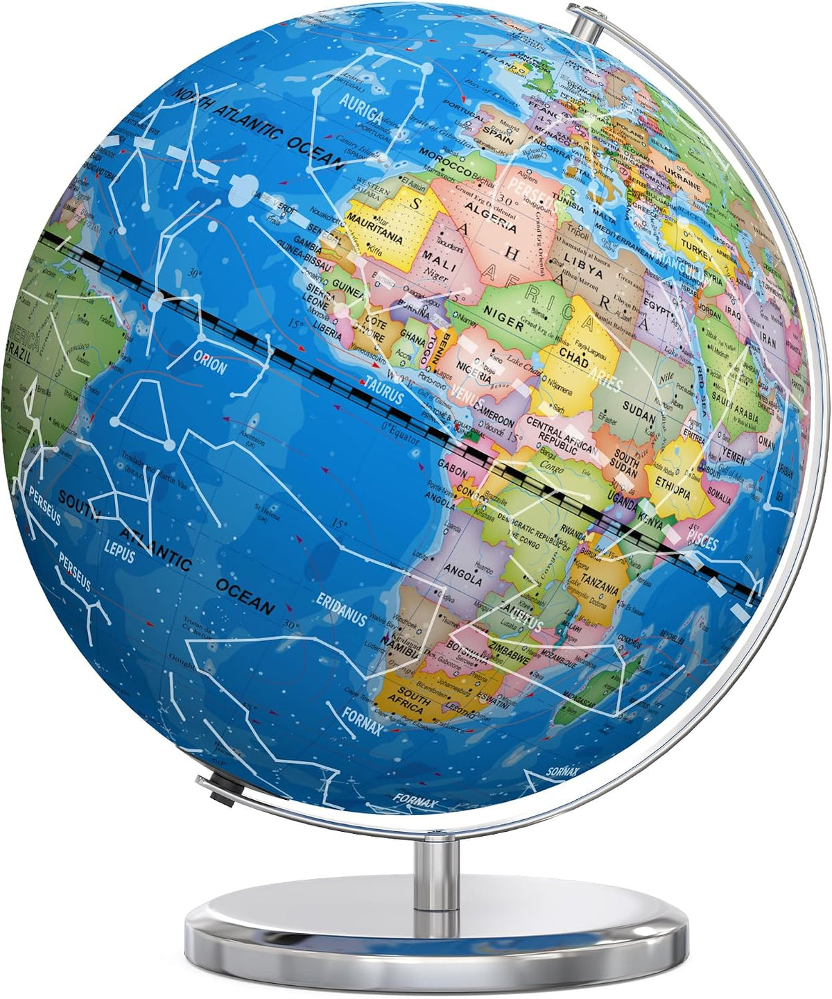 Waldauge 13 inch illuminated blue world globe with LED light on a metal base - view 2