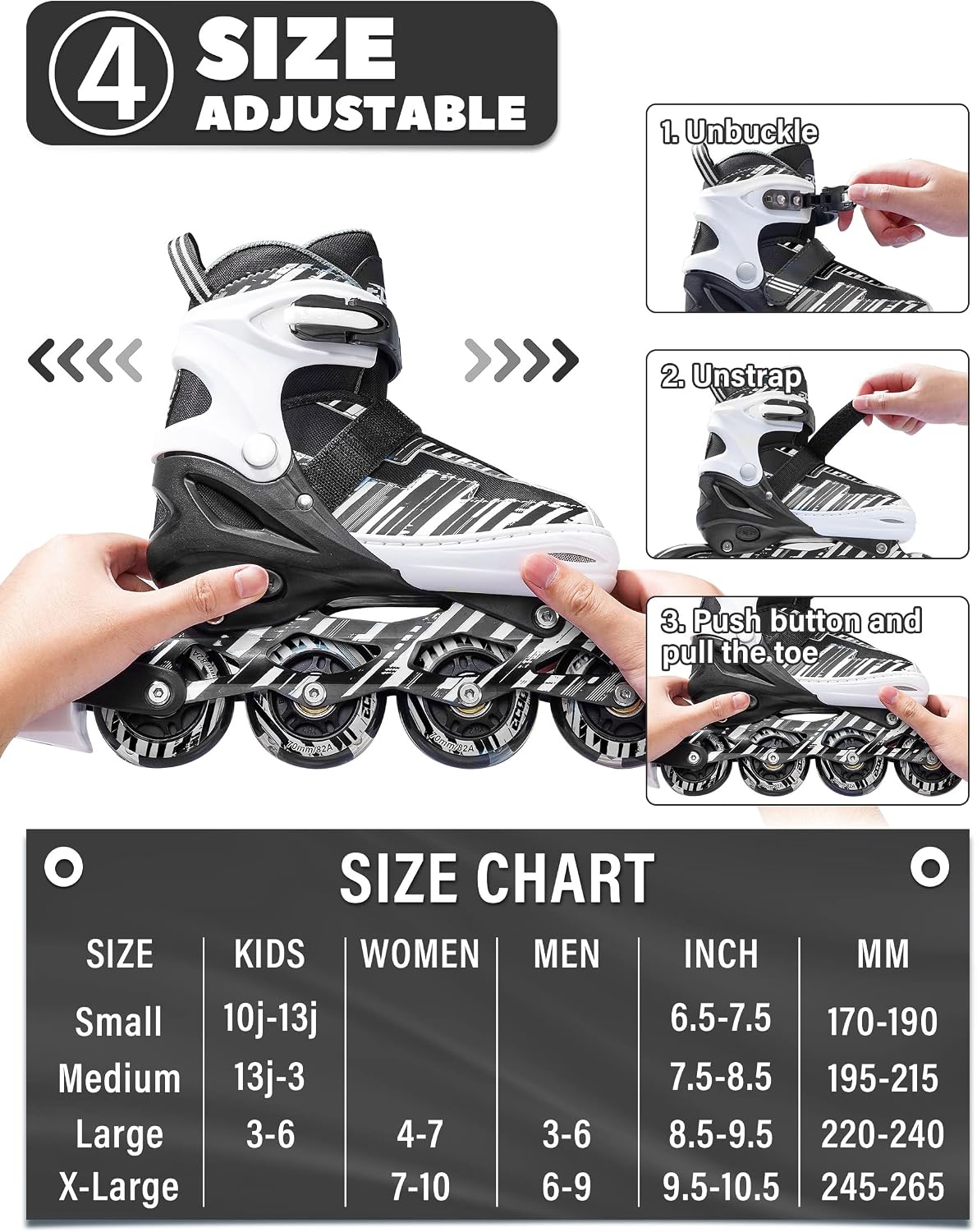 Adjustable Inline Skates for Kids Ages 4-12 – Fun for Kids & Family - White / Large-Youth（3-6 US） - image 3