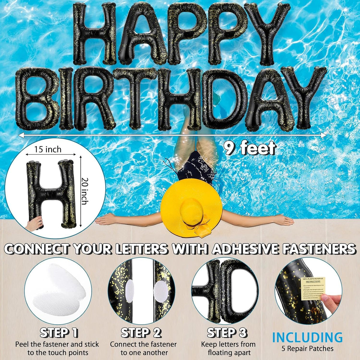 Shappy Happy Birthday Pool Floats Balloon – Fun for Kids & Family - Black / 20'' / Sequins - image 2