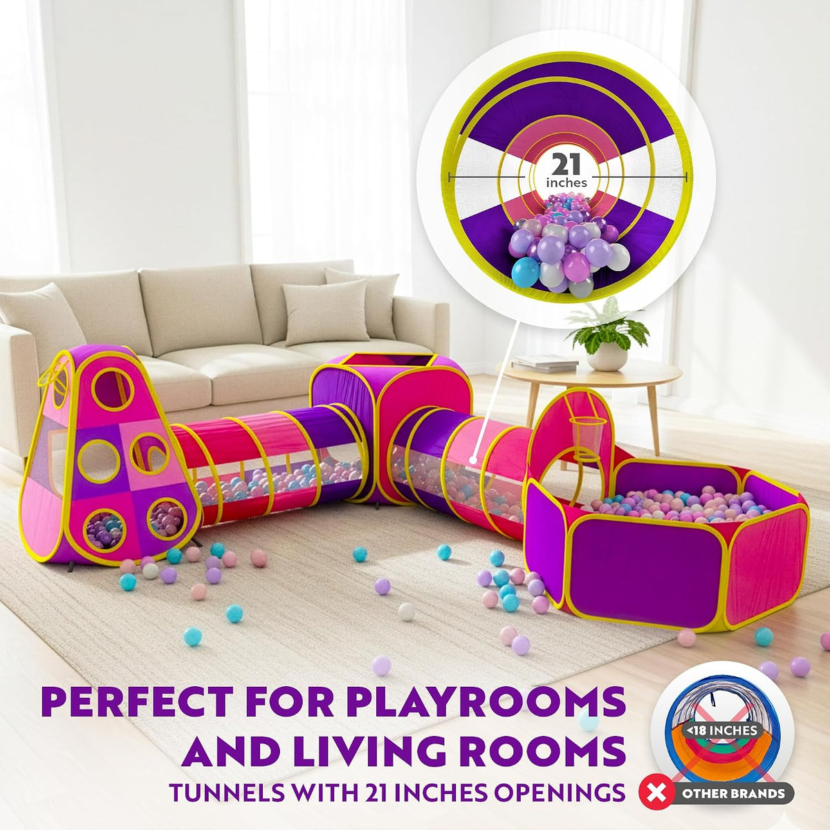 Playz 5pc Pop Up Play Tent and Crawl Through Tunnels for Kids w/Carry - Pink, Purple and Yellow - image 4