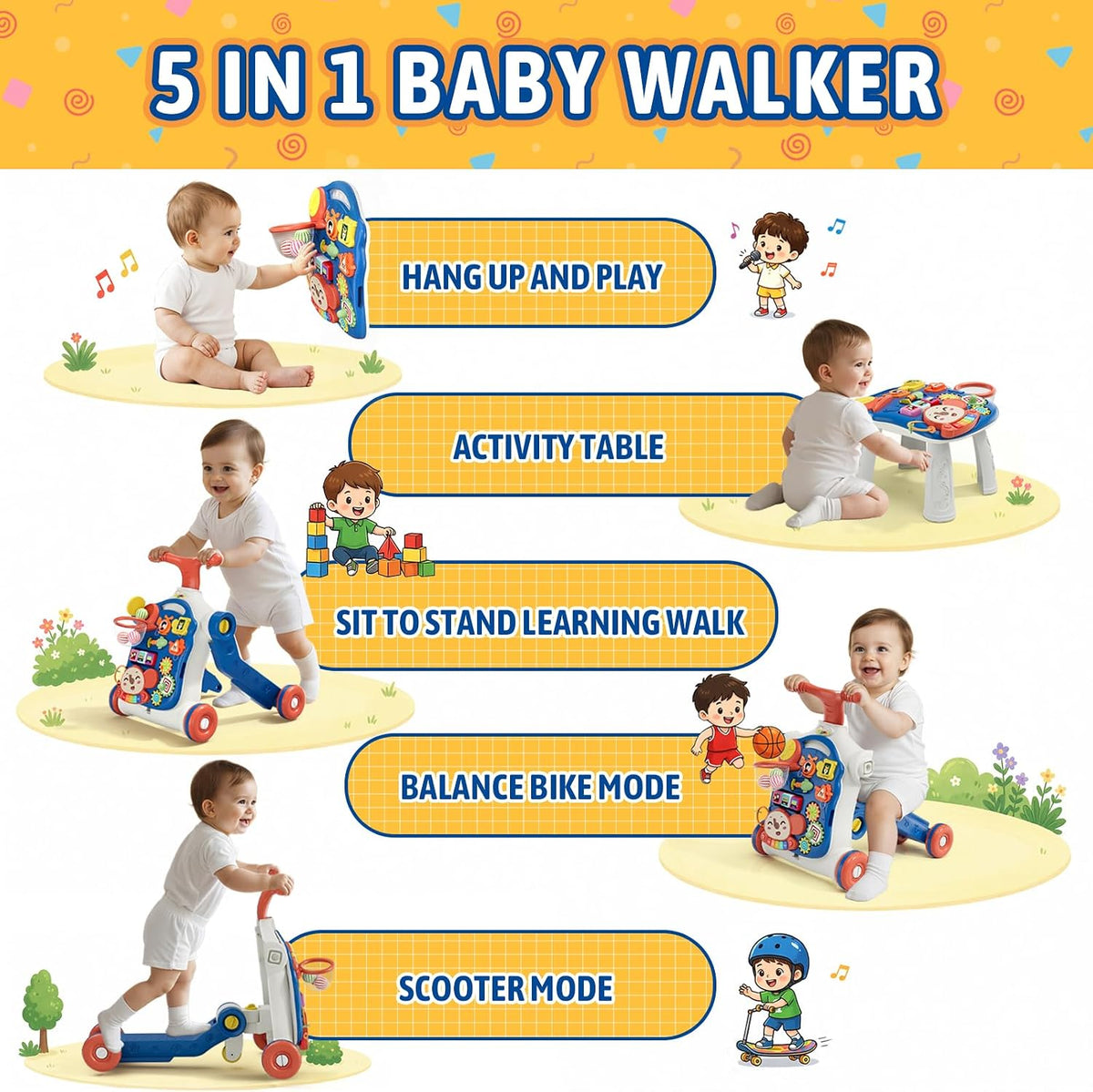 HYES 5 in 1 Push Walker for Toddler Boy - Blue - image 2