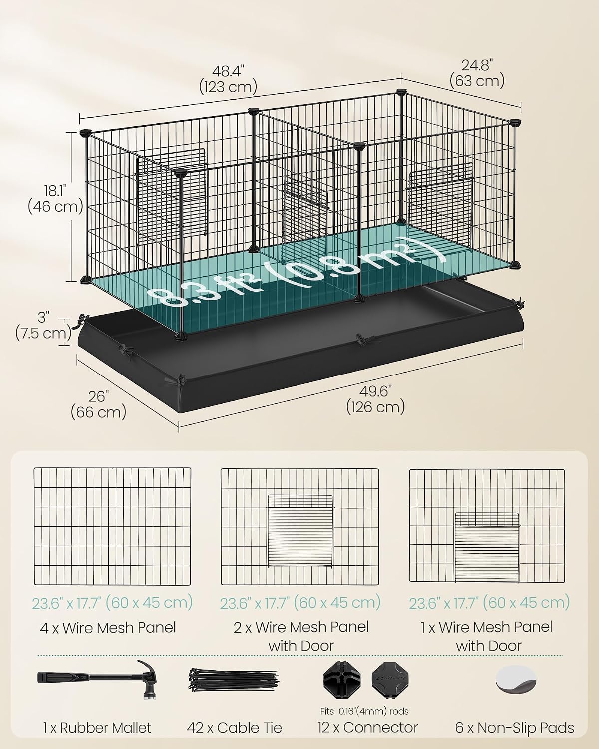 SONGMICS Pet Playpen, Small Animal Cage – Essentials for Small Pets - Black / 48.4"L x 24.8"W x 18.1"H / 7 Panels with Bottoms - image 2
