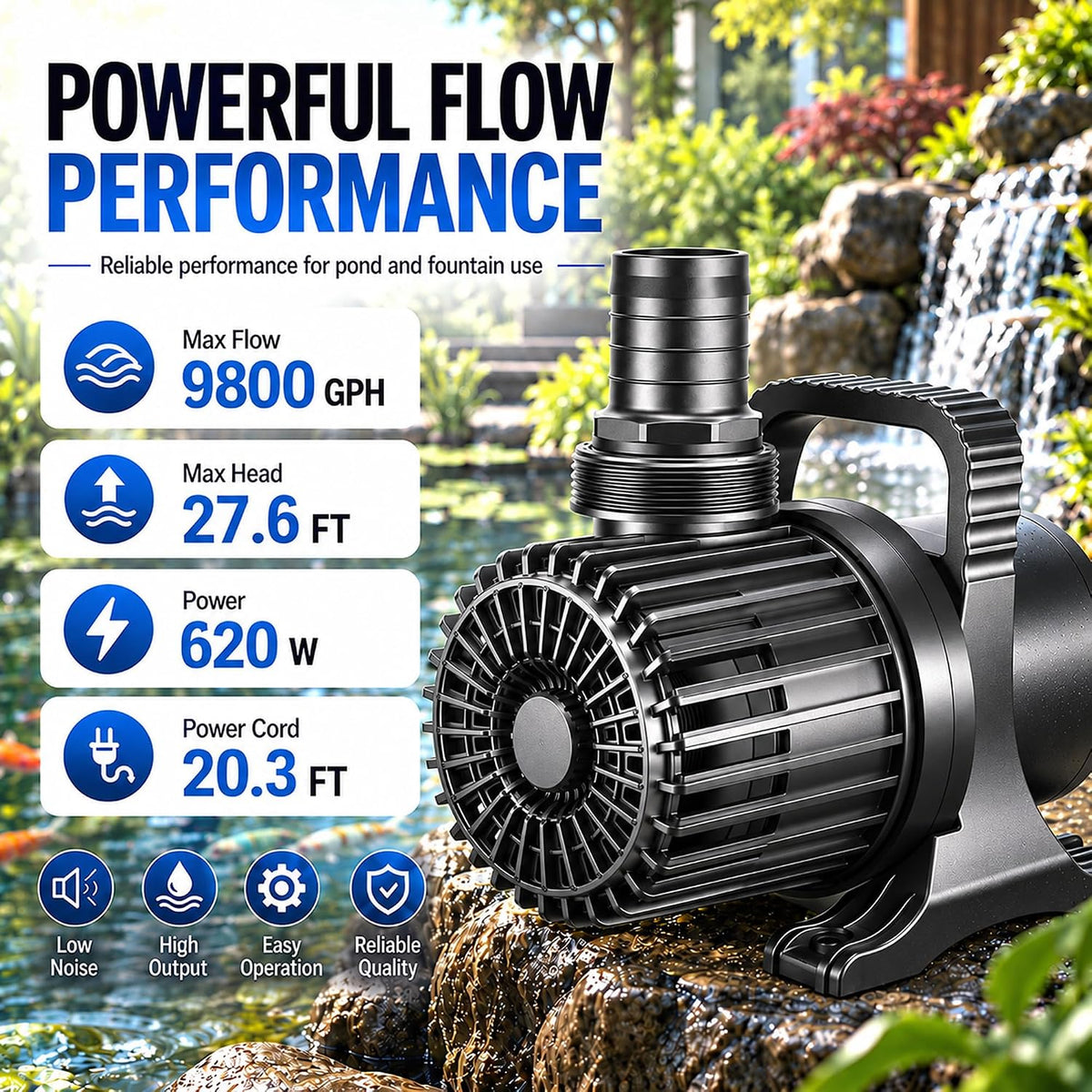 350W 7000 GPH Pond Pump, Ultra Quiet Heavy Duty Submersible Water Pump for Koi Ponds, Fountains - 9800GPH-620W - image 3