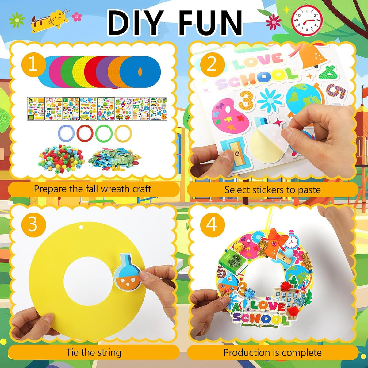 Hollowfly Thanksgiving paper wreath craft kits with gem stickers, ribbons and wool balls - view 37