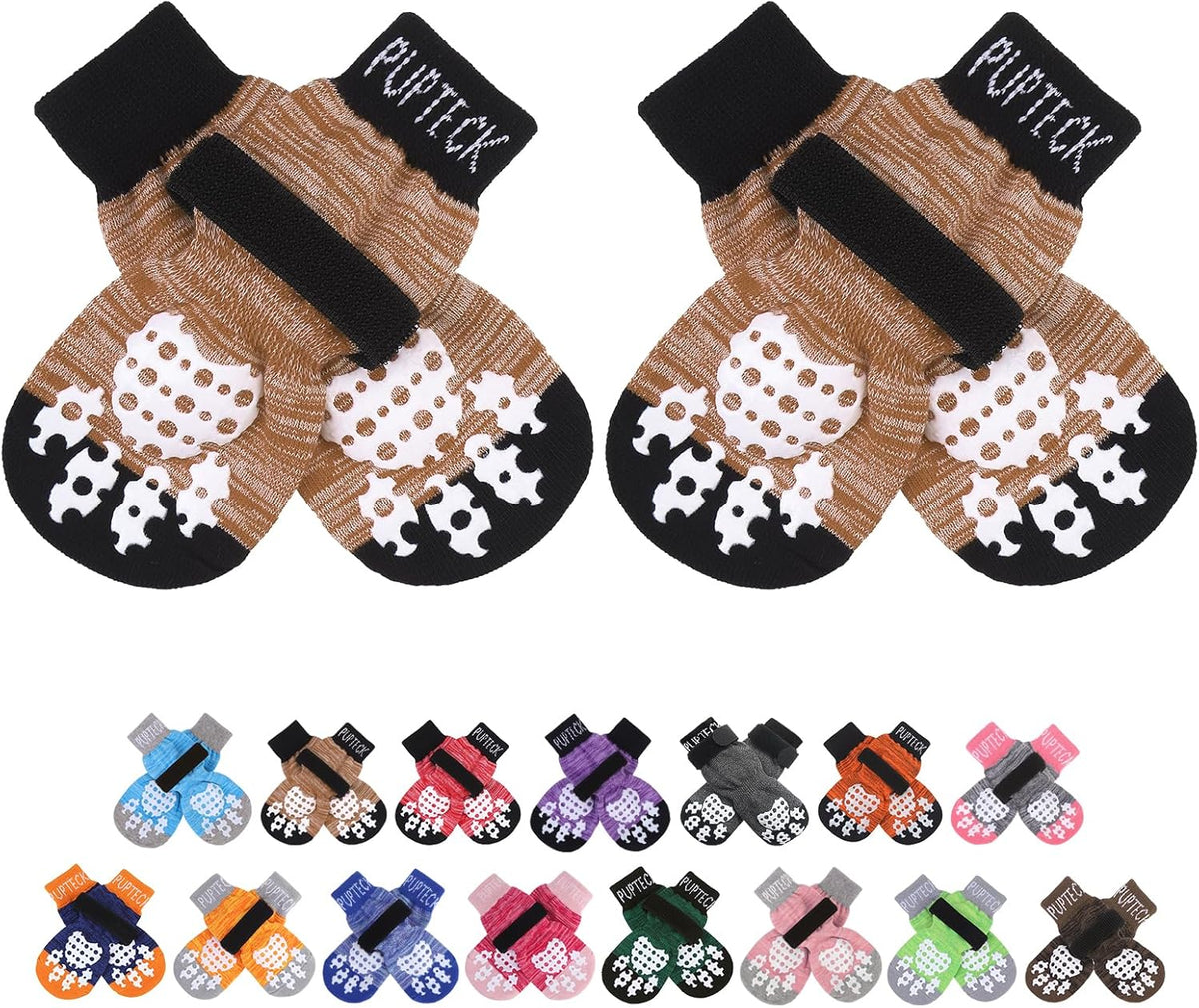 PUPTECK Anti-Slip Dog Socks with Double Sides Grips for Small Medium - Brown / X-Large (4 Count)