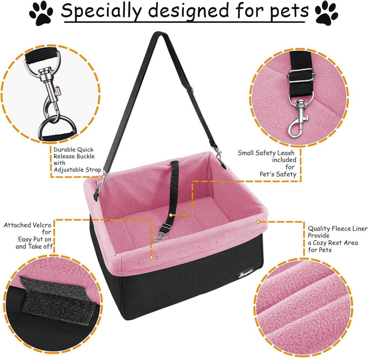 Jespet Dog Booster Seat for Cars, Travel Carrier with Seat Belt – Essentials for Dogs - Pink-16 L x 13" D x 9" H - image 3