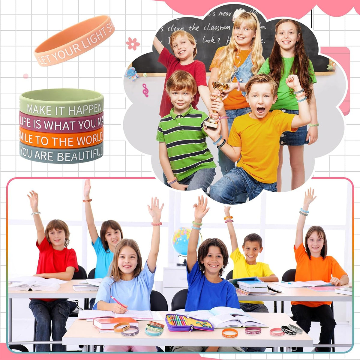 JUNEBRUSHS 64pcs Halloween Party Favors Silicone Bracelets Rubber - Motivational Quote Style - image 4