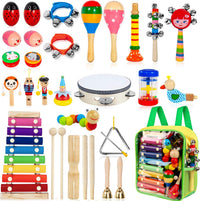 Kids Musical Instruments, 33Pcs 18 Types Wooden Percussion Instruments Tambourine Xylophone Toys