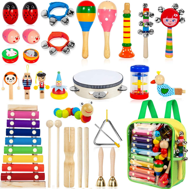 Kids Musical Instruments, 33Pcs 18 Types Wooden Percussion Instruments Tambourine Xylophone Toys
