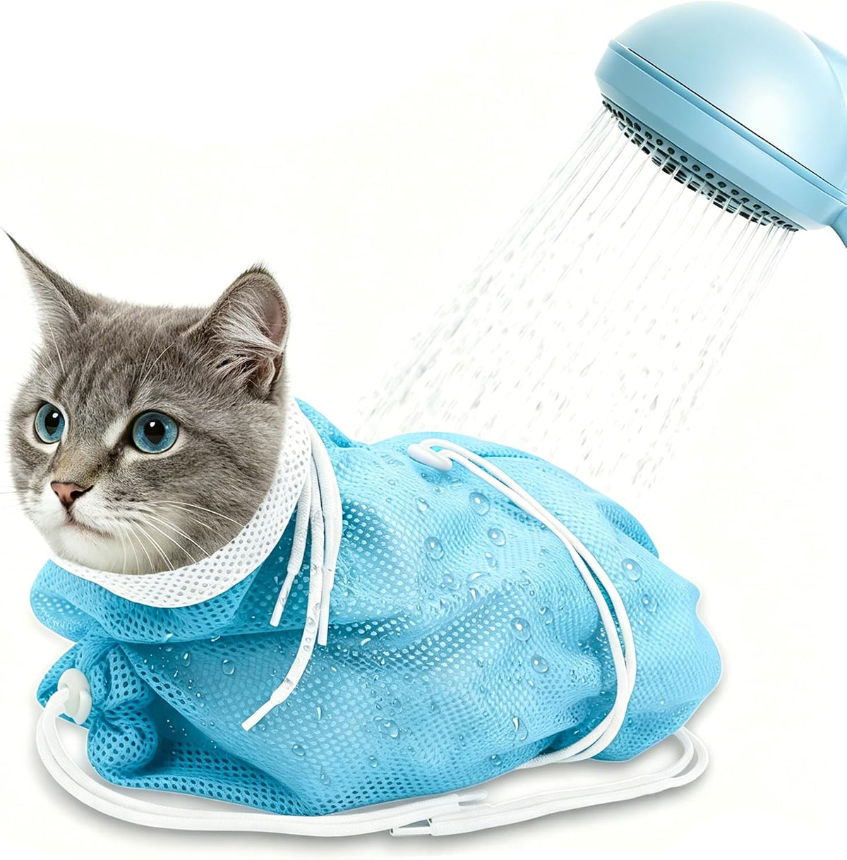 Cat Bathing Bag Anti Scratch Grooming Shower Washing Bag for Nail - White- Blue
