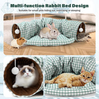 Bunny Tunnel Bed, 2-in-1 Collapsible Rabbit Tunnel Hideout with Mat – Essentials for Small Pets - GreenPlaid - image 4