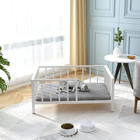 Dog Bed with Rails - Elevated Pet Metal Bed Frame with Solid Wood Board and Washable Soft Mat for Medium Dog Indoor or Outdoor Use, 25.2" x 37.8", White