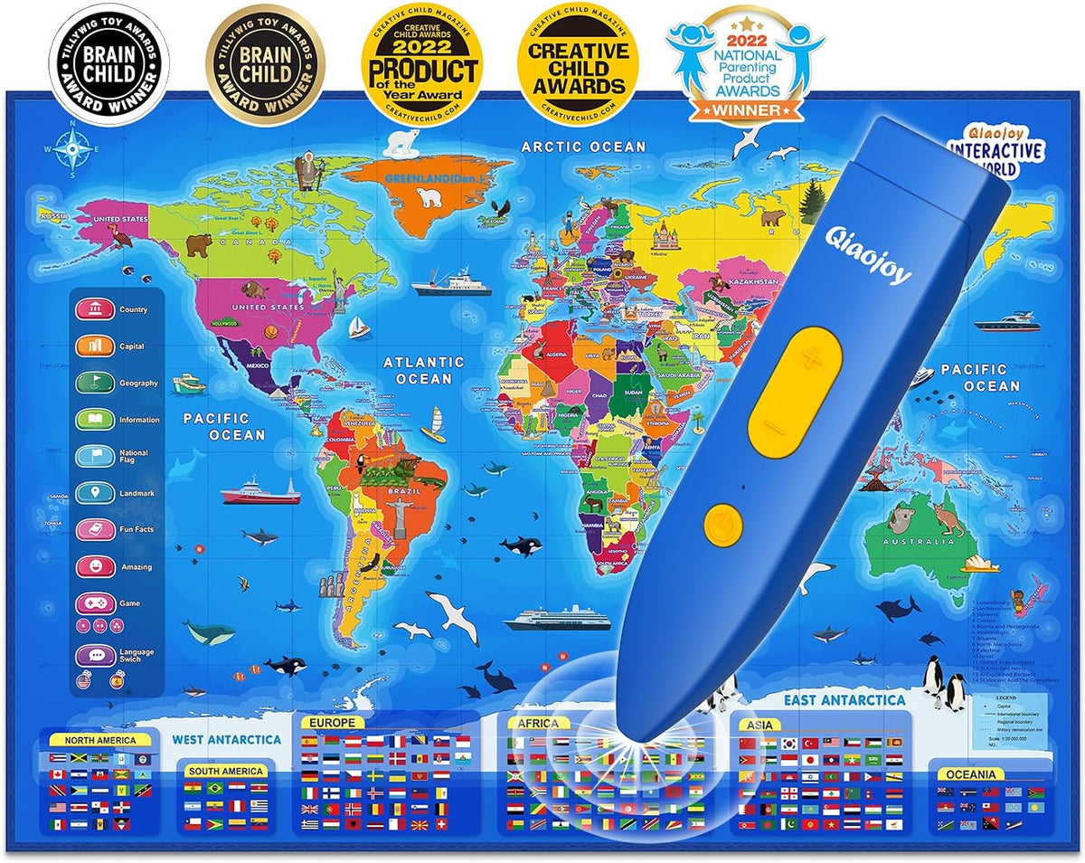 Qiaojoy Bilingual Interactive World Map for Kids Learning Educational - World Map