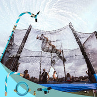 TINPOO blue trampoline sprinkler with three rotating arms spraying water over a backyard trampoline