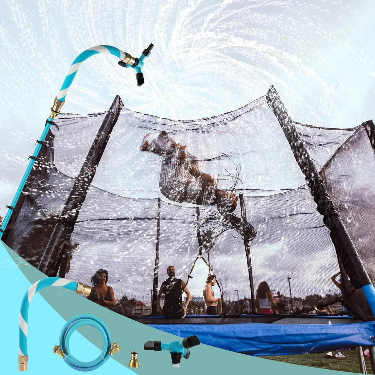 TINPOO blue trampoline sprinkler with three rotating arms spraying water over a backyard trampoline