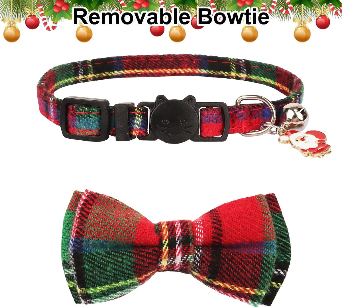 Fall Cat Collar with Bowtie - 7.5"- 10.5" / Christmas Plaid - image 4