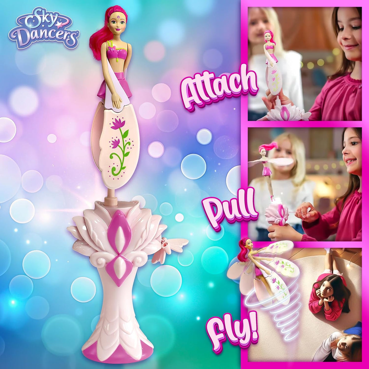 Sky Dancers Flying Doll, Pull-String Toy, No Batteries - Fuchsia - image 4