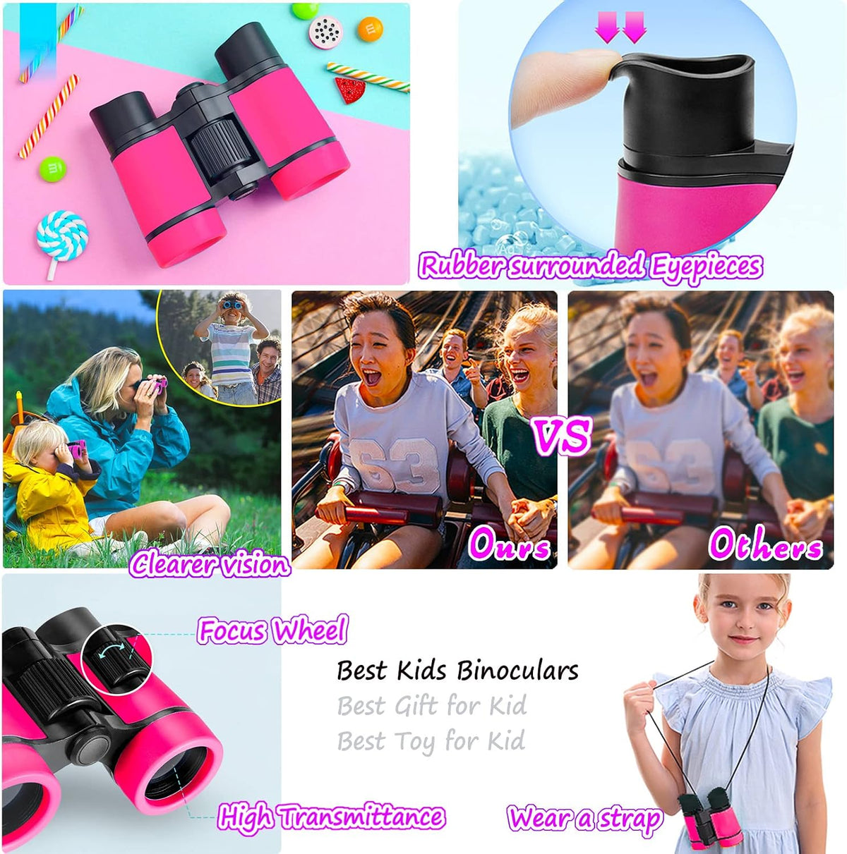 Kids Binoculars Ages 3-12 with Compass & Whistle – Fun for Kids & Family - Pink - image 4