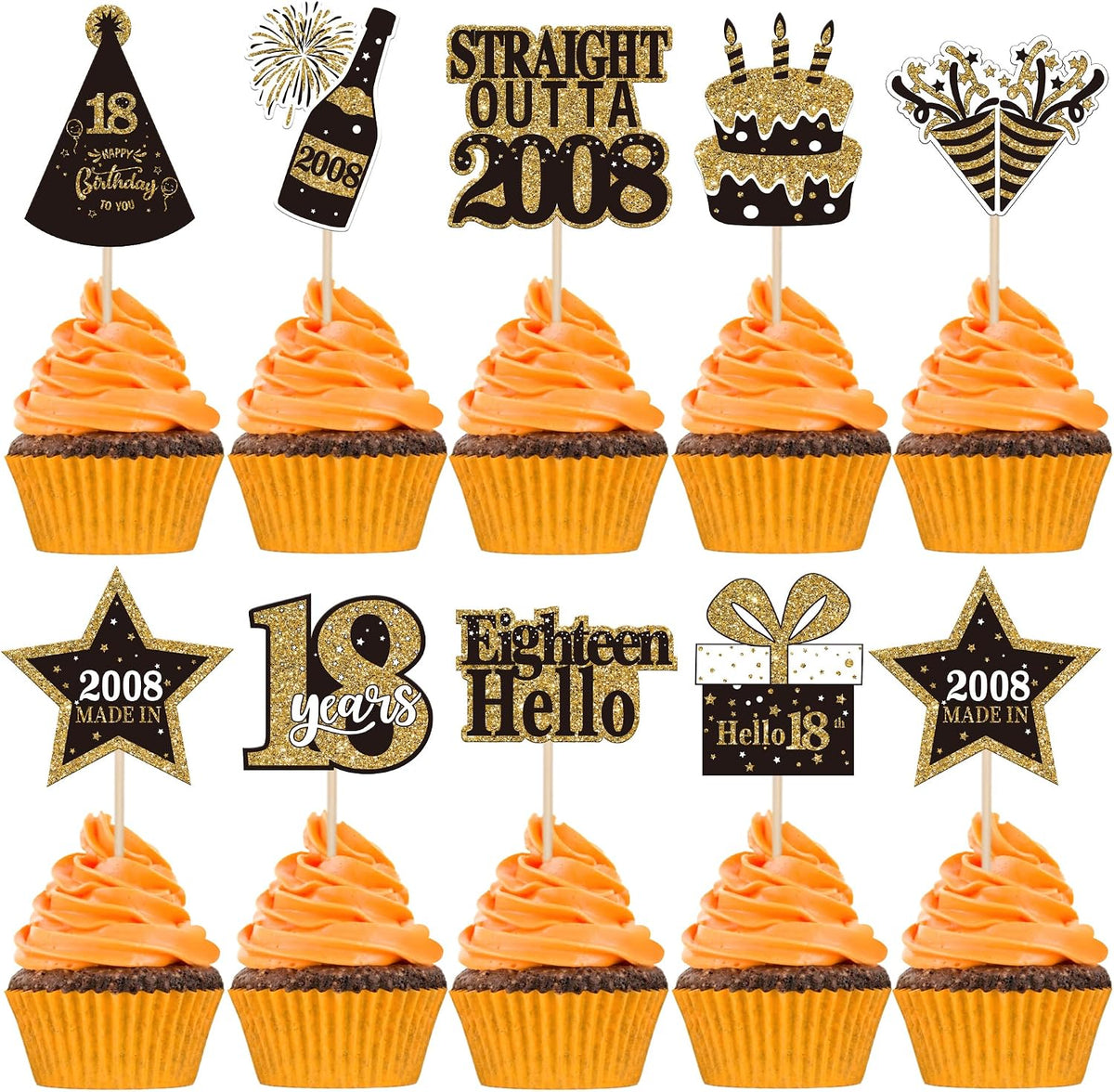 36PCS Happy 80th Birthday Cupcake Toppers Double Sided Black Gold - Straight Outta / 18th
