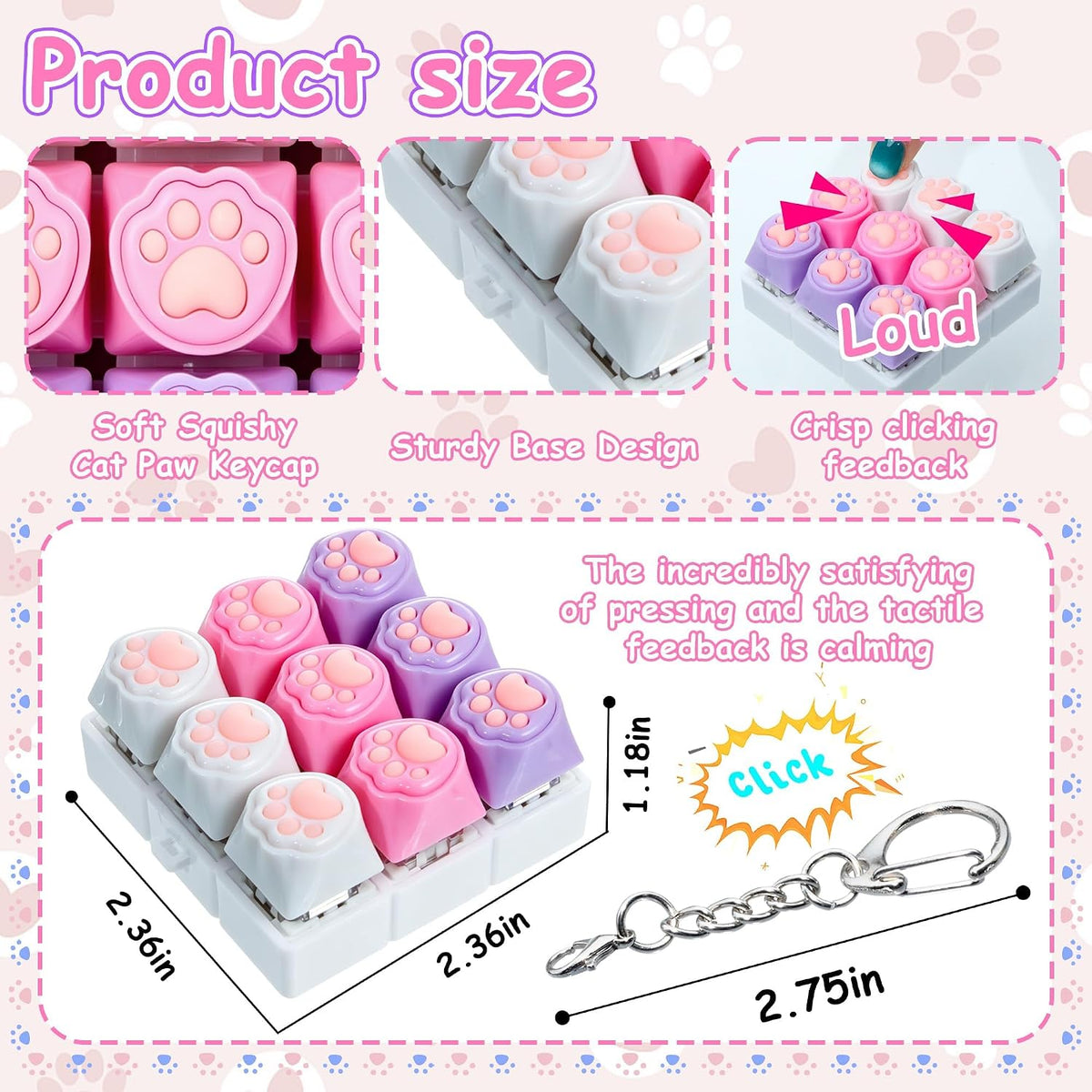 XiawaLangzhuo cat paw keyboard fidget toy, 9-in-1 clicker keychain in white and purple - view 39