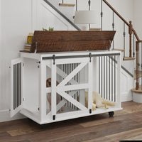 47.2 Mobile Dog Crate With Flip-Top Feeding Door, Dual-Access & 5 Caster System 2 Locking, Side Hooks - Multi-Functional
