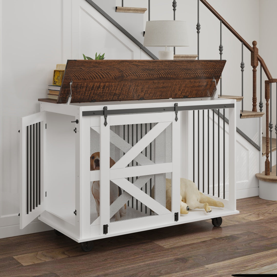 47.2 Mobile Dog Crate With Flip-Top Feeding Door, Dual-Access & 5 Caster System 2 Locking, Side Hooks - Multi-Functional