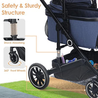 Pet Stroller with 4 Wheels, 3 in 1 Folding Puppy Strollers for Small/Medium Dogs Cats up to 50lbs, Lightweight Pet Travel Carrier with Detachable Cushion, Storage Basket and Cup Holder, Blue