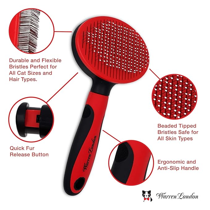 Warren London Self-Cleaning Cat Pin Brush | Push-Button Fur Ejector, Bead-Tipped Nylon Pins – Gentle Shedding & Detangling for Cats, Kittens, Rabbits, Ferrets & Small Dogs | Ergonomic Anti-Slip Grip