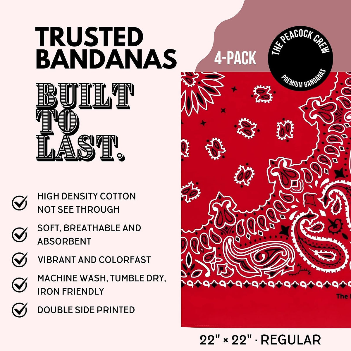 Premium Soft Cotton Bandanas Pack for Men and Women Paisley 22 x 22 - Pack of 4 Original Red - image 2