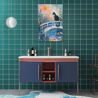 Quorin Black Cat Wall Art Water Lily Sunset Pictures Cat Wall Decor Impressionism Canvas Print Painting Artwork for Bathroom Living Room Bedroom 16"x24"