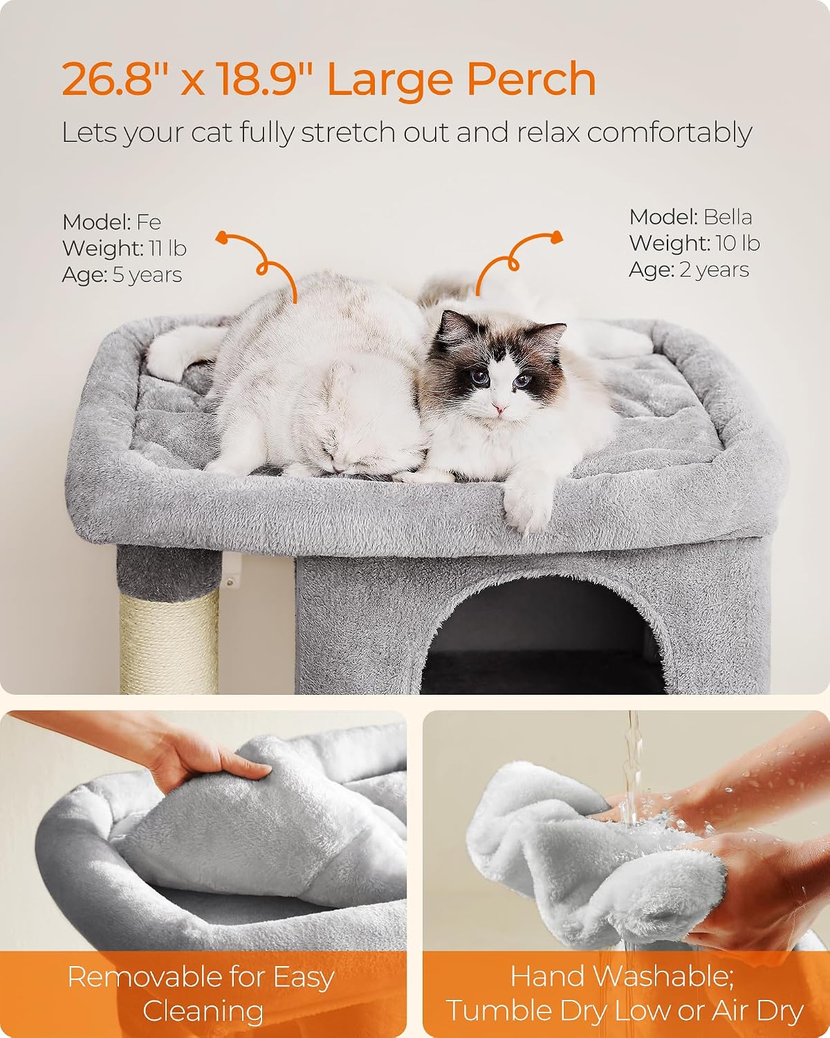 Feandrea Cat Tree, Plush Kitten Condo - XL (26.8"L x 18.9"W x 40.6"H) / Light Gray - image 3