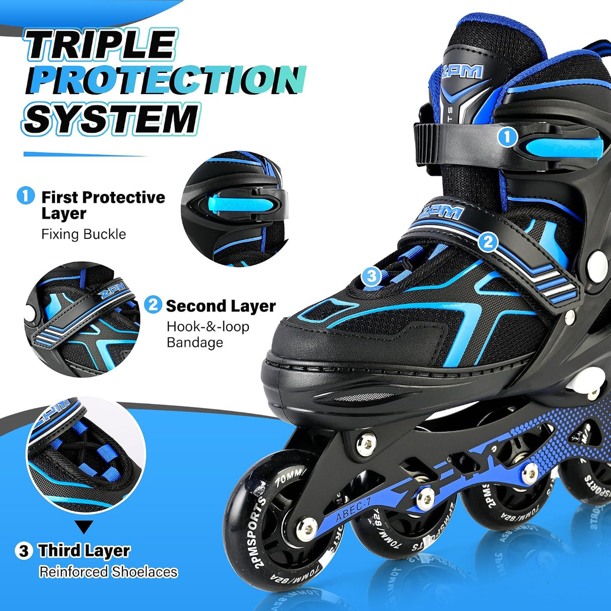 2PM SPORTS Adjustable Inline Skates for Kids, Youth and Adults – Fun for Kids & Family - C Blue / Large - Youth (4.5-8 US) - image 2