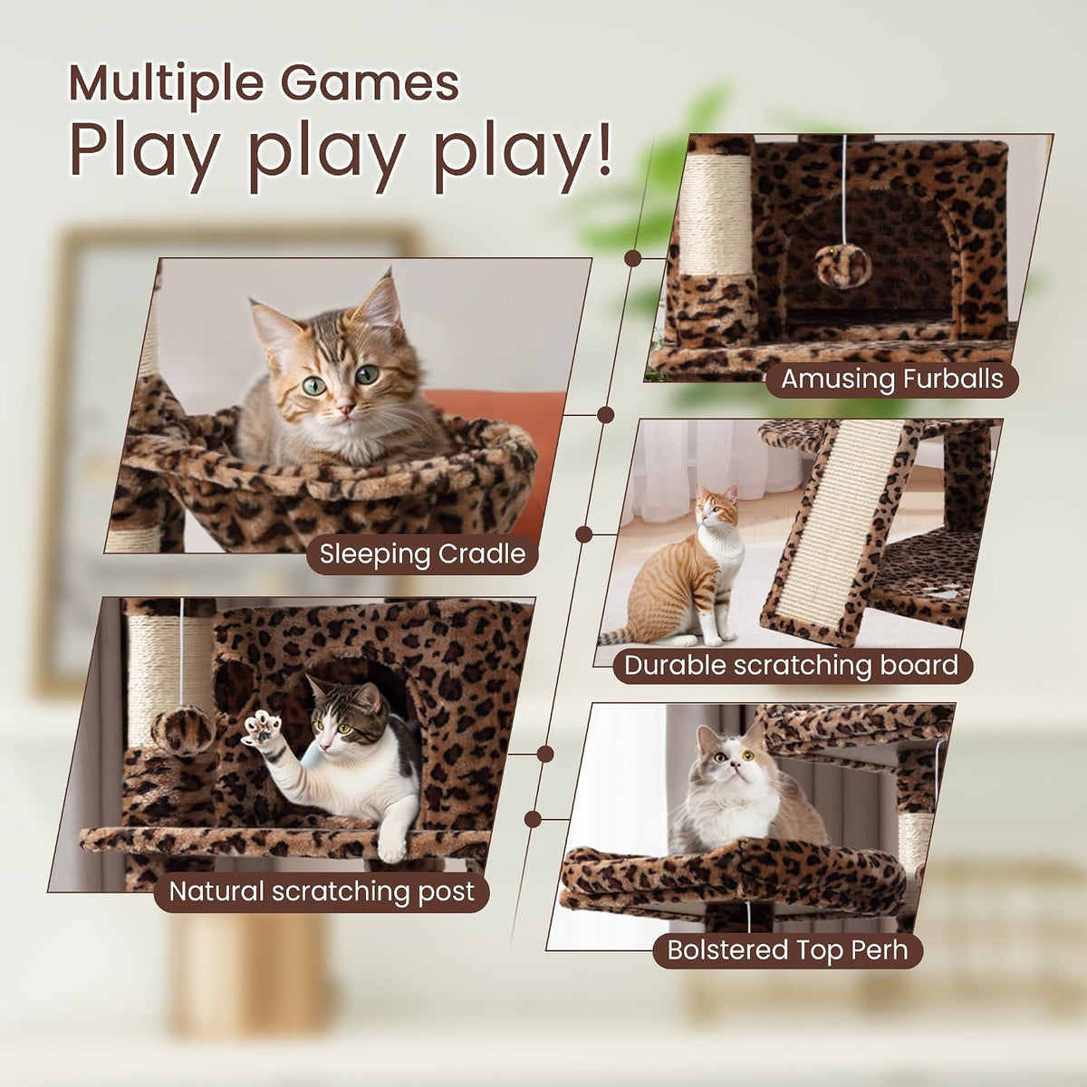 SHA CERLIN 68 Inches Multi-Level Large Cat Tree for Large Kitties/Big - 68in / Leopard Print - image 3