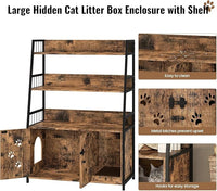 Recaceik Large Cat Litter Box Enclosure with Shelf Storage, Hidden Cat Washroom Furniture, Wooden Cat House with Scratch Pad, Sturdy Indoor Cat Cabinet with 2 Doors, Rustic Brown