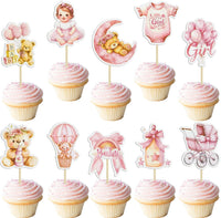 Gyufise 36Pcs Baby Shower Bear Cupcake Toppers Moon Baby Bear Baby - Deep Pink