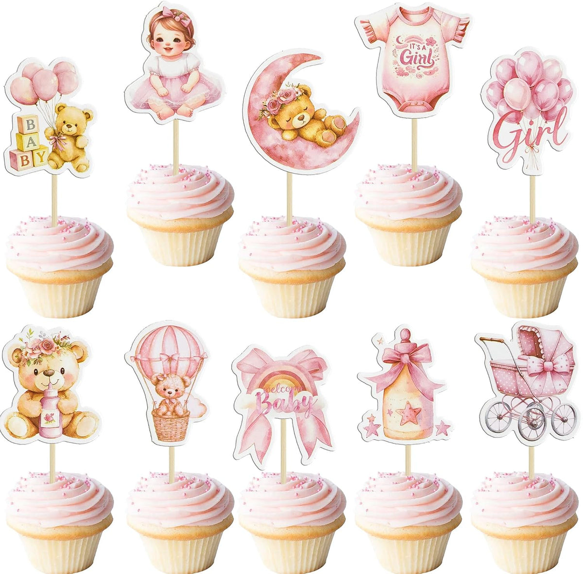 Gyufise 36Pcs Baby Shower Bear Cupcake Toppers Moon Baby Bear Baby - Deep Pink