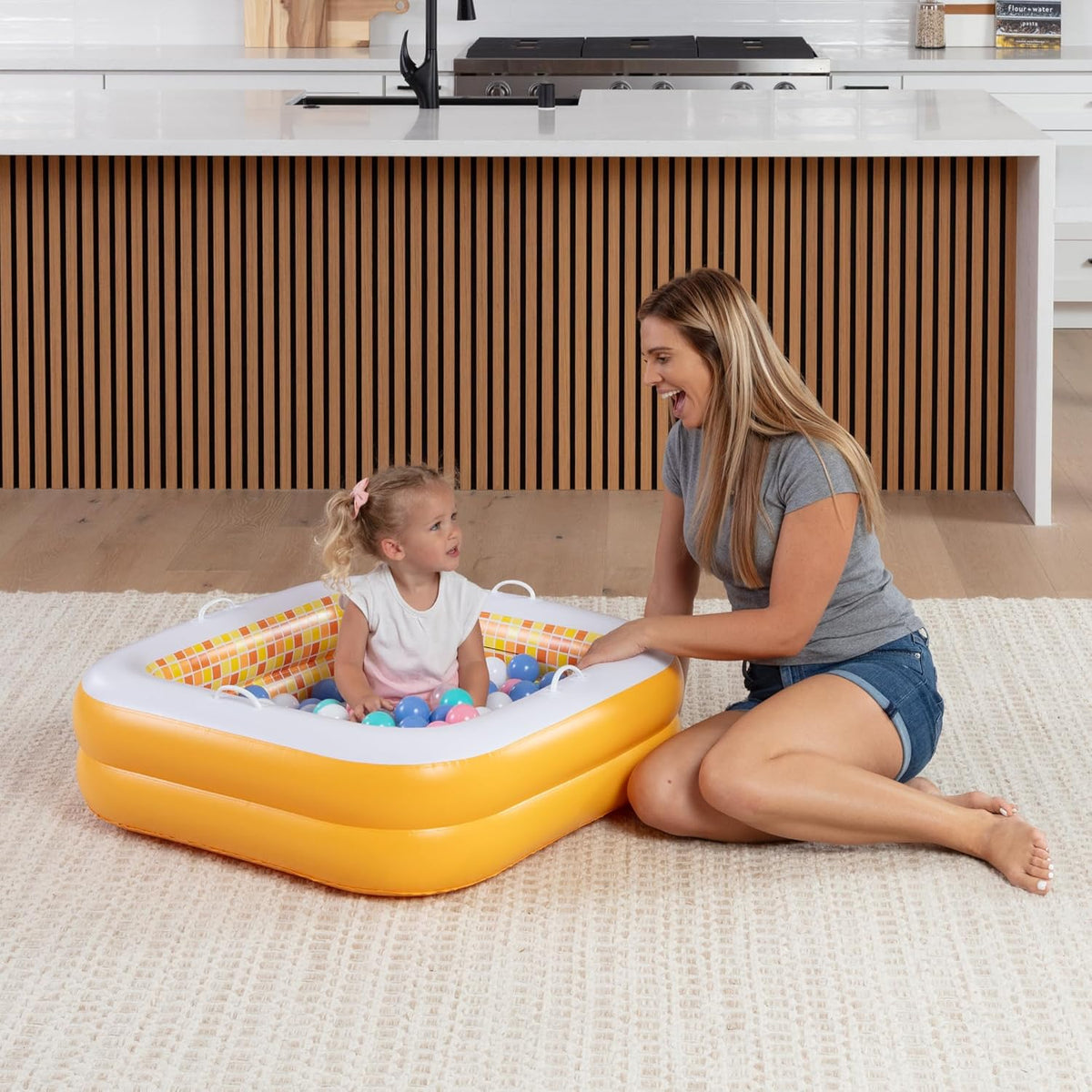 3-in-1 Inflatable Baby Pool, Safety Secure Grip Handles - 34" Square Orange Burst - image 4