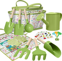 Qtioucp Kids Gardening Set 14Pcs Garden Tools with Tote Bag - Green-1