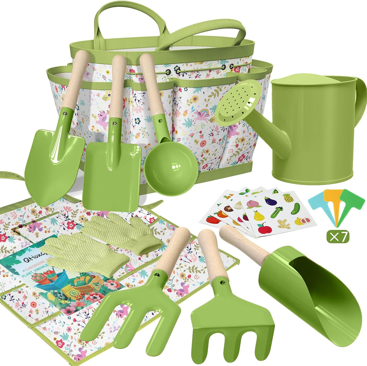 Qtioucp Kids Gardening Set 14Pcs Garden Tools with Tote Bag - Green-1
