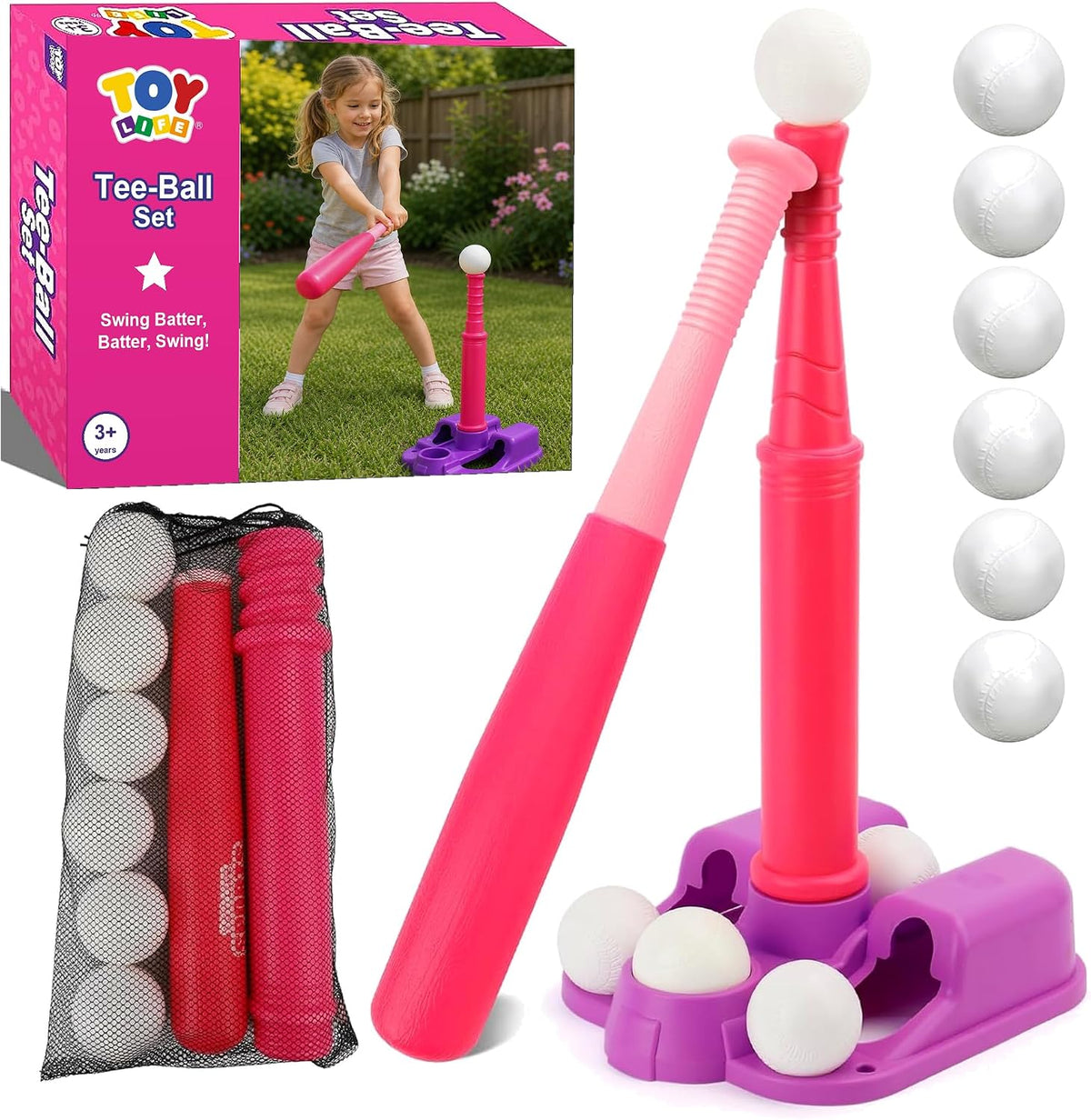 TOY Life T Ball Set for Kids 3-5-8 - Tee, Bat & 6 Balls
