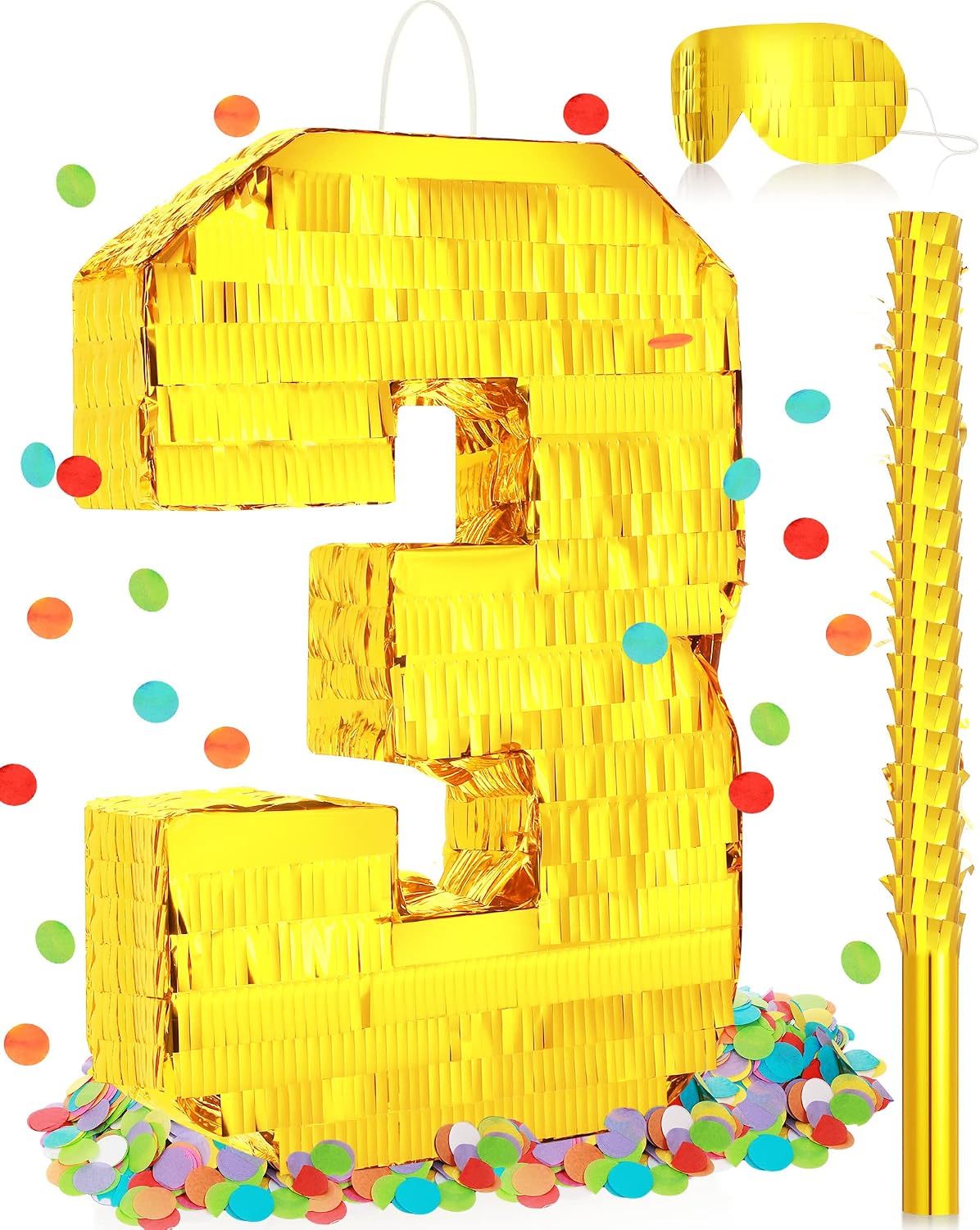 Sratte gold foil number piñata set with gold blindfold, piñata stick and bag of confetti - view 5