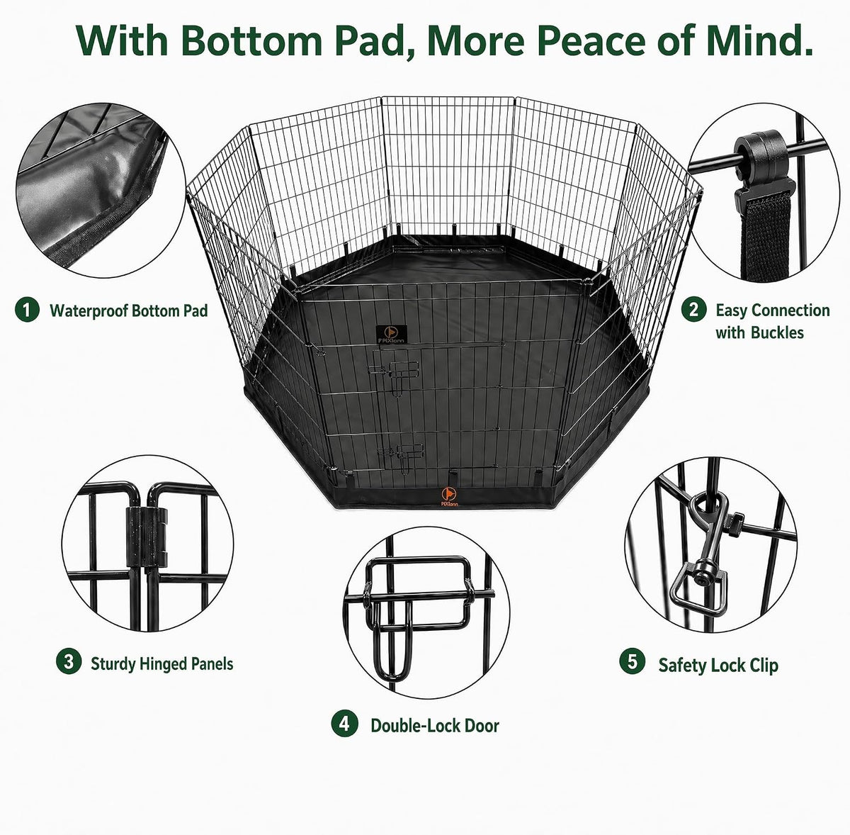 Puppy Playpen with Bottom Pad and Door, 8 Panels 24" H - Black / X-Small Pen: 24-Inch High / Playpen+Bottom - image 4
