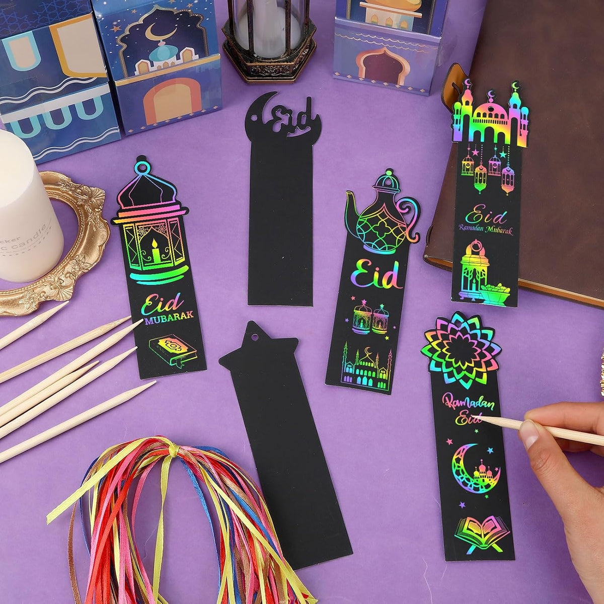 JUNEBRUSHS rainbow scratch art bookmarks with bamboo scratch sticks and colored satin ropes - view 24