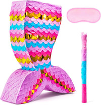 JOYIN Pumpkin Piñata Set, Foldable 10.5 x 16 Inch Jack-O’-Lantern Piñata with Stick and Blindfold - Mermaid Pinata Set-3pcs