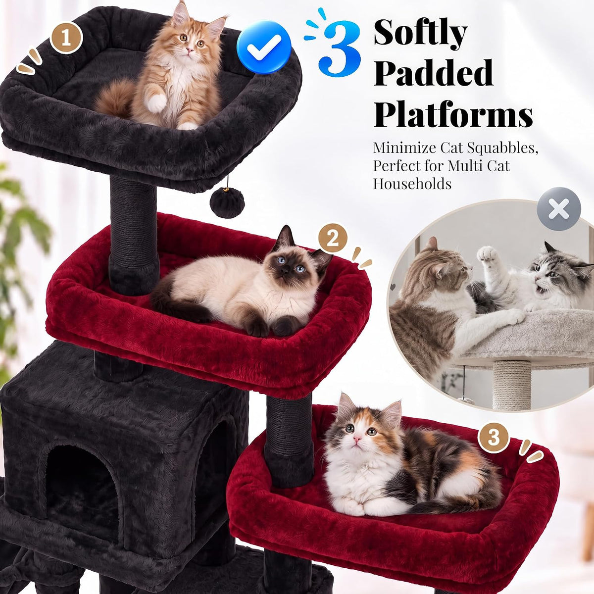 Hey-brother Cat Tree Tower with Stable Extended Base - Black and Red - image 4