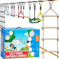 Hyponix Ninja Warrior Obstacle Course for Kids, 13 Obstacles - 2 x 50' + 10 Obstacles / Multicolor