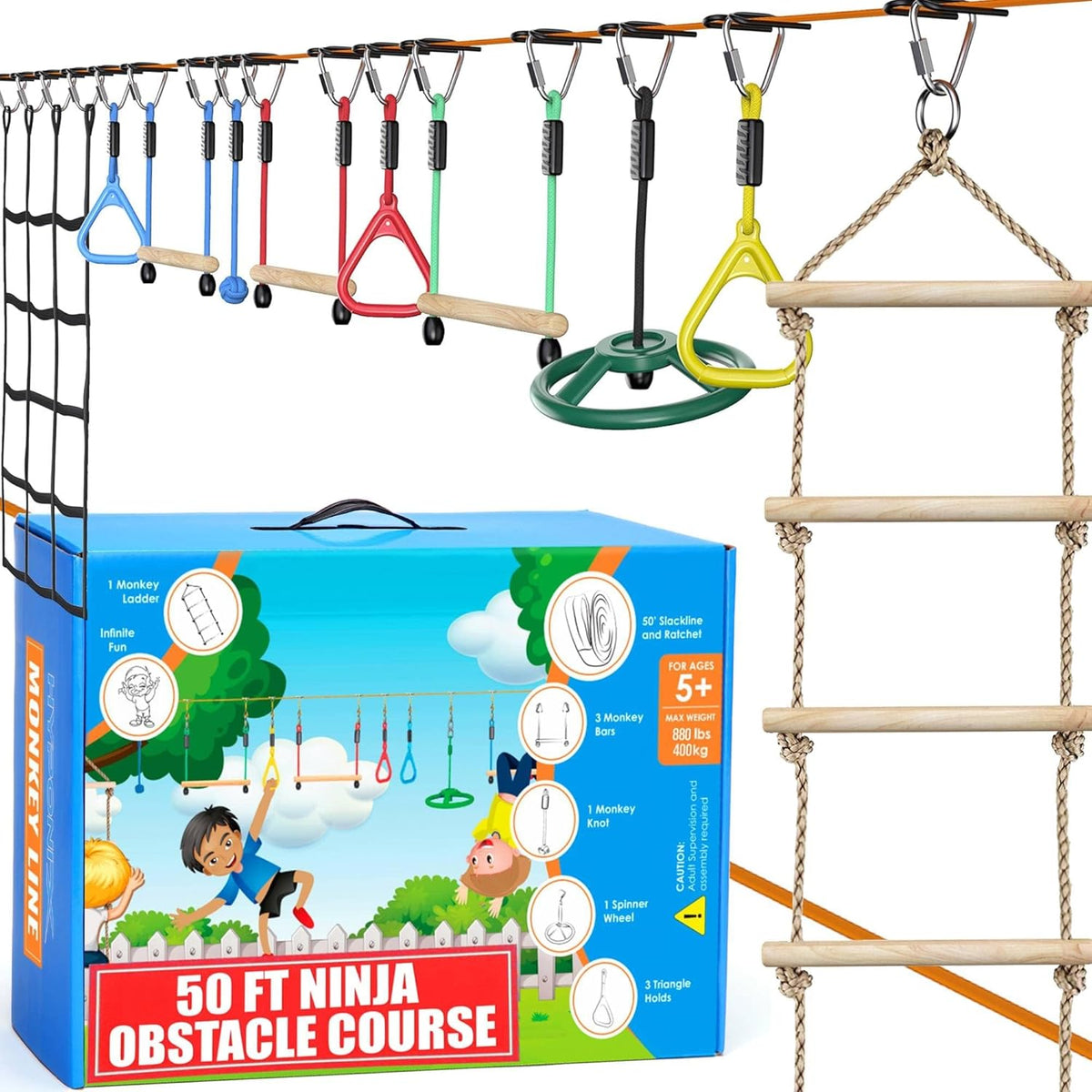 Hyponix Ninja Warrior Obstacle Course for Kids, 13 Obstacles - 2 x 50' + 10 Obstacles / Multicolor