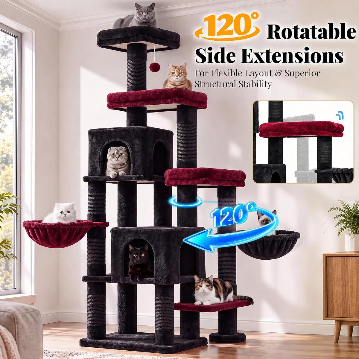 Hey-brother Cat Tree Tower with Stable Extended Base - Black and Red - image 3