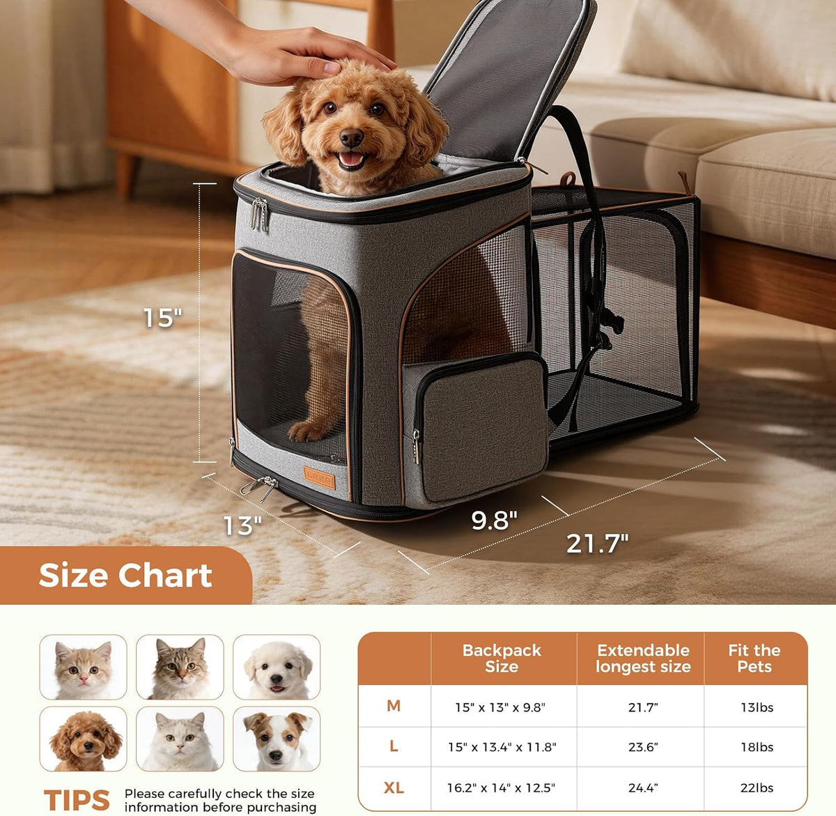 Lekereise Cat Backpack Expandable Pet Carrier Backpack for Small Cats - Grey / M-Mesh Window - image 2